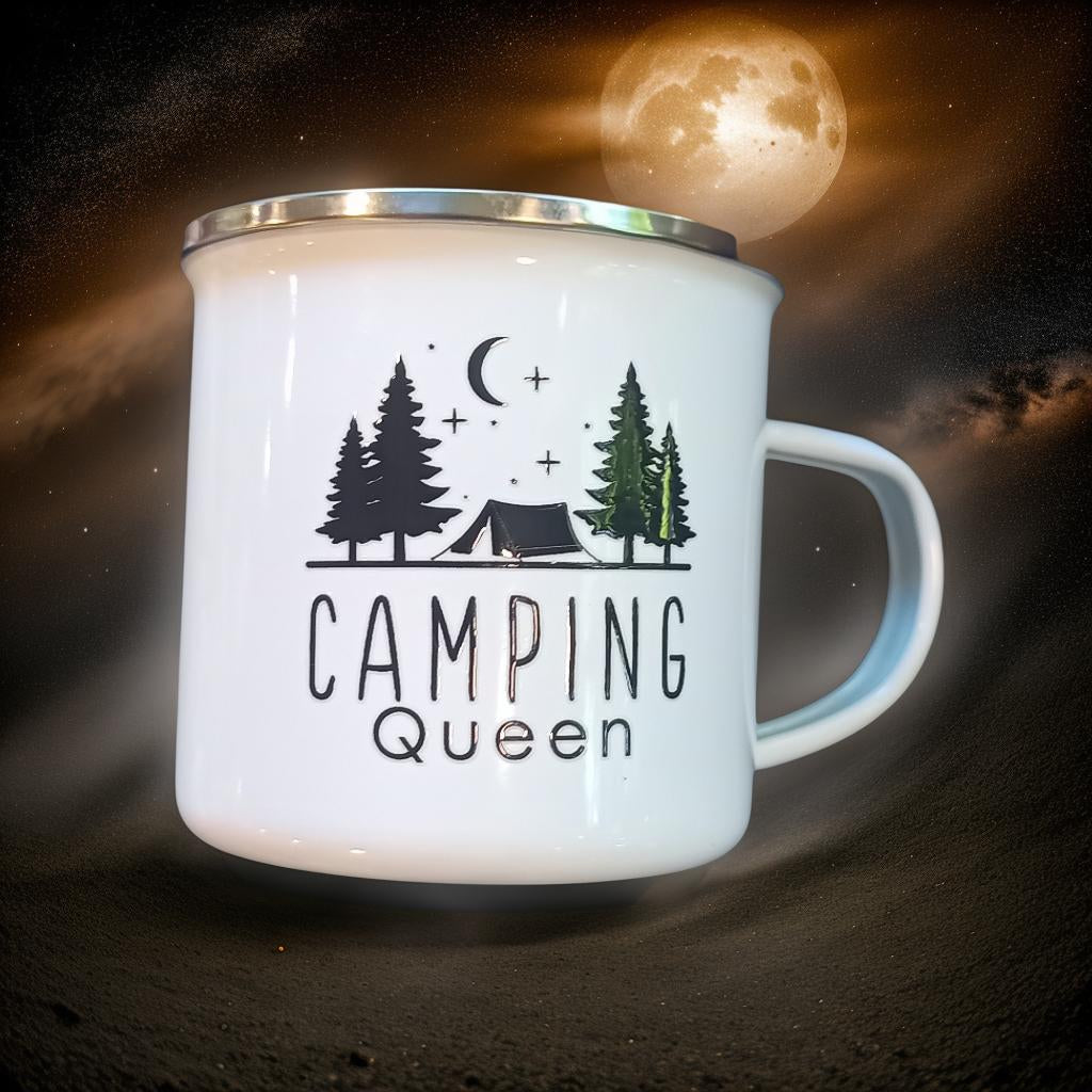 Campingtasse aus Emaille mit Spruch Campingqueen