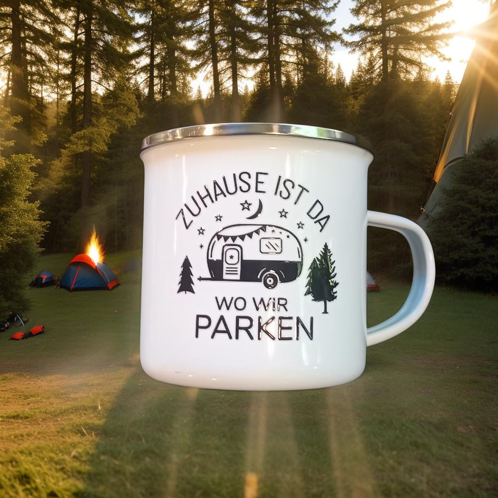 Campingtasse aus Emaille mit Spruch parken