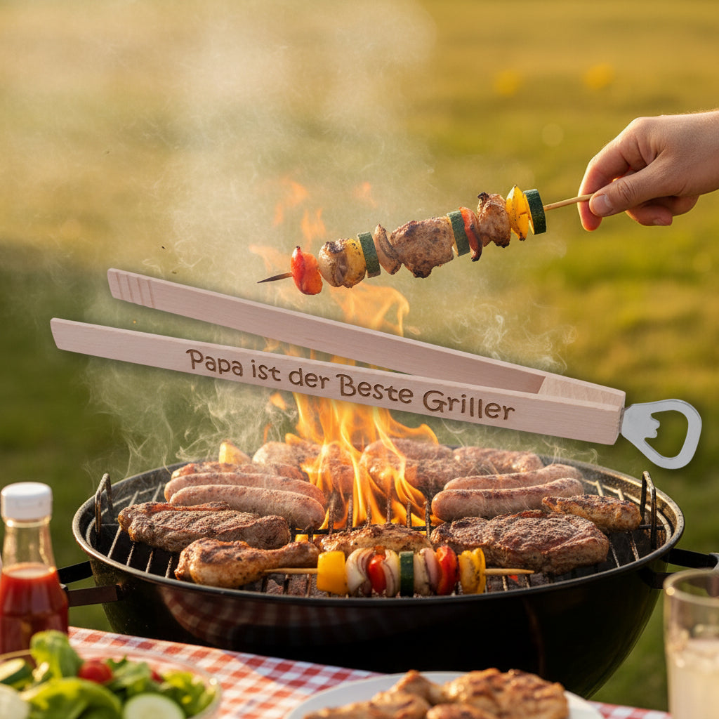 Personalisierte Holzgrillzange mit Flaschenöffner