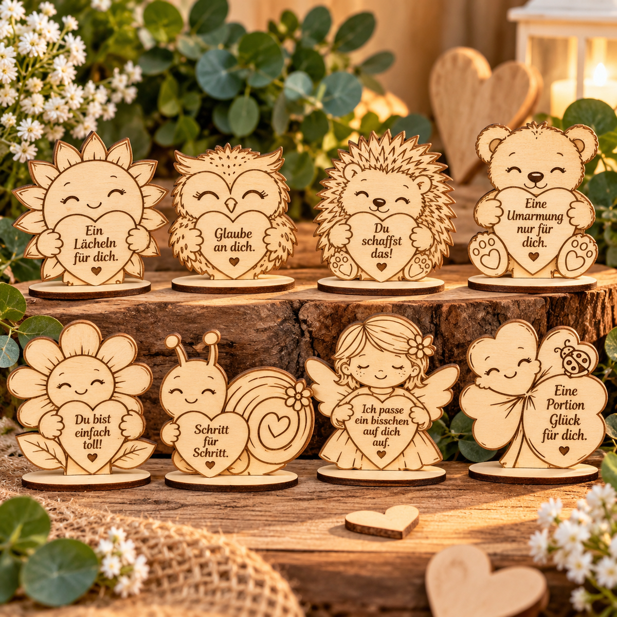 Kleine Glücksmomente -  liebevolle Mutmacher aus Holz mit Herz.