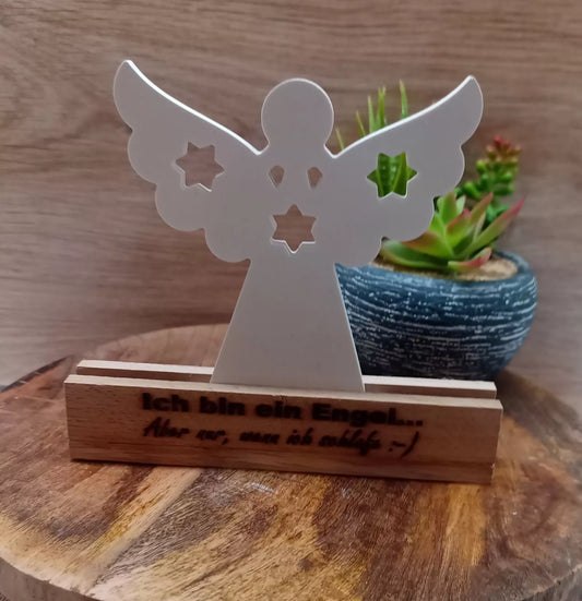 Deko Engel aus Keramik auf Holzsockel personalisiert mit Wunschspruch