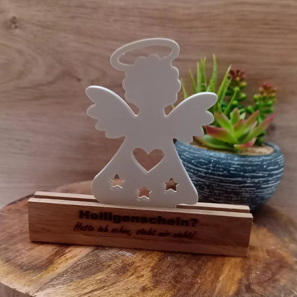 Engel mit Heiligenschein aus Keramik auf Holzsockel