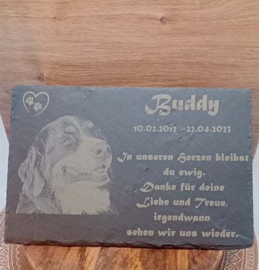 Gedenktafel für Haustiere aus Schiefer mit Fotogravur