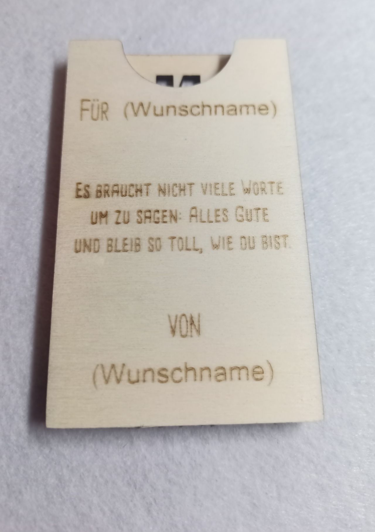 Geldgeschenkebox "NIX" aus Holz, ca. 60 x 100mm. Mit Wunschnamen graviert