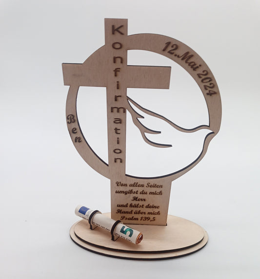 Geldgeschenk Holz für Konfirmation, Kommunion, Taufe