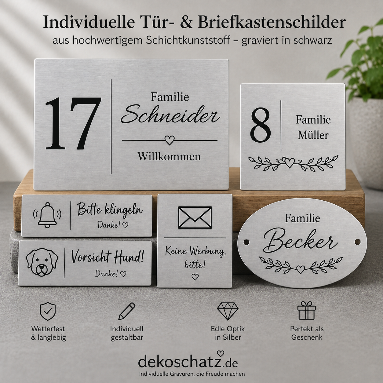 Klingelschild & Türschild personalisiert – Gravur mit Name & Hausnummer | Edelstahloptik