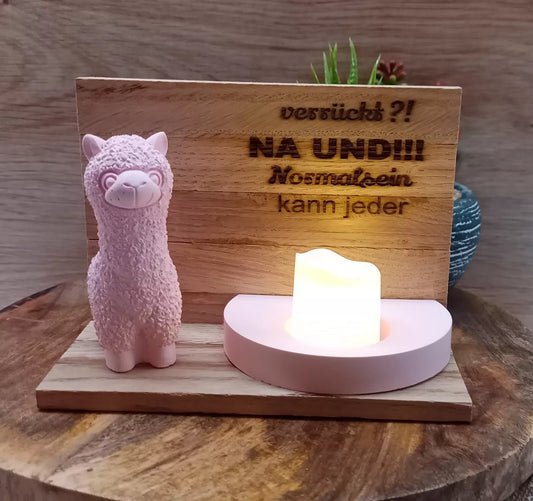Rosa Alpaka mit Spruch auf Holz