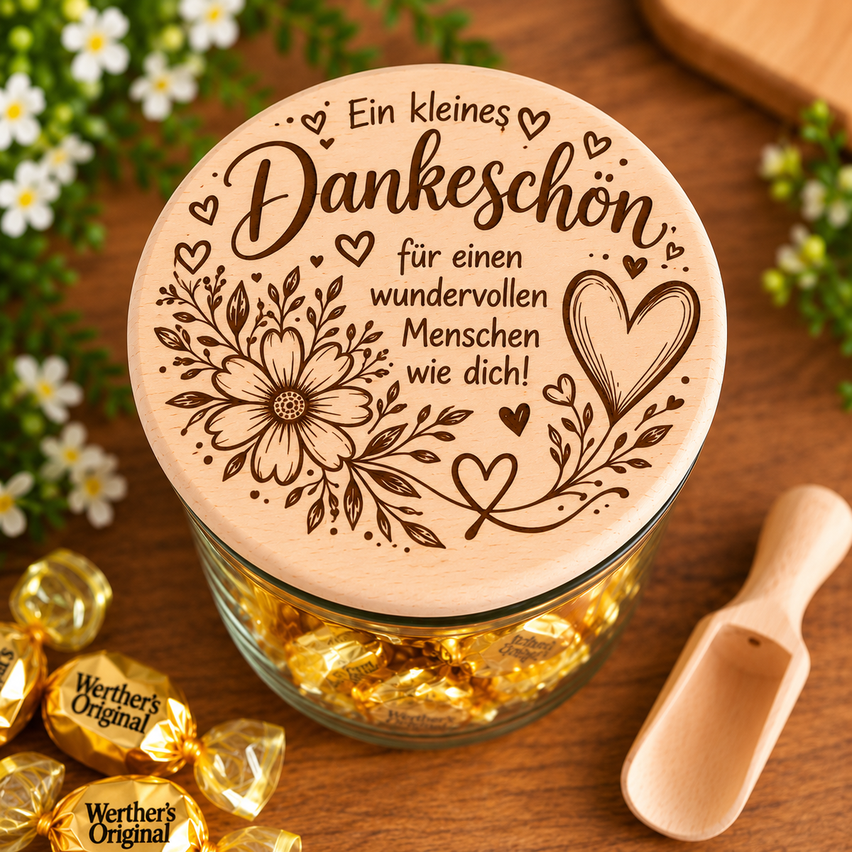 Glasdeckel aus Holz mit Gravur Dankeschön