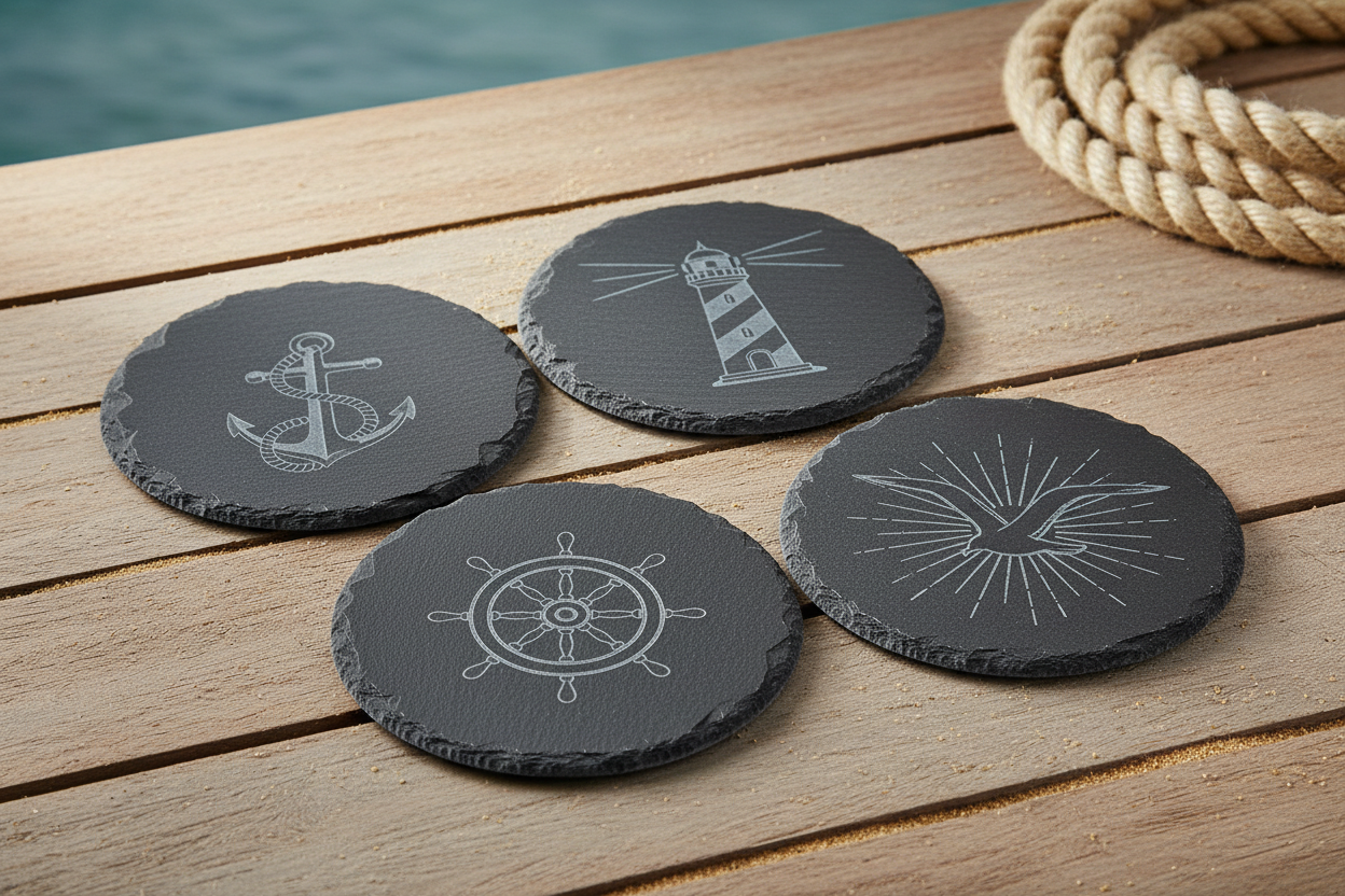 Schieferuntersetzter mit maritimer Wunschgravur – Anker, Leuchtturm, Steuerrad – personalisiertes Geschenk aus Echtschiefer auf maritimem Hintergrund