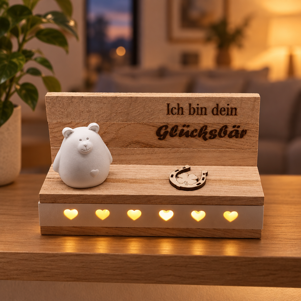 Glücksbär mit beleuchtetem Holzsockel auf einem Regal im Wohnraum