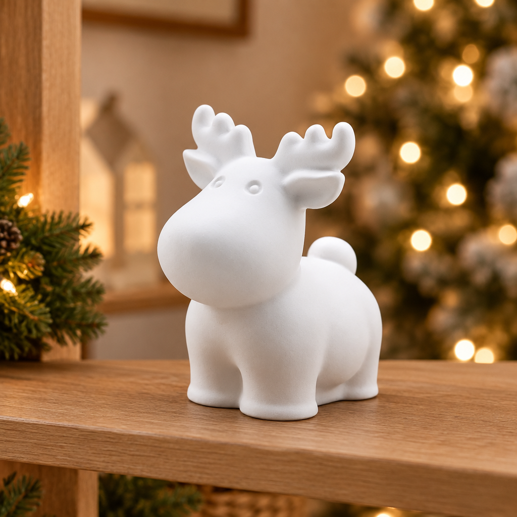 Weißer Elch aus Keramikguss auf einem Holzregal vor weihnachtlichen Lichtern