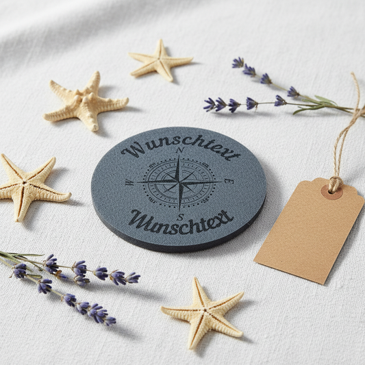 Maritimer Filz-Bierdeckel als Geschenk auf Leinen mit Seestern und Meereslavendel