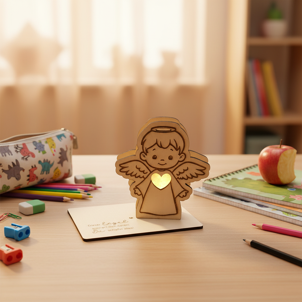 Holzengelchen mit leuchtendem Herz auf Kinderschreibtisch – Einschulungsgeschenk