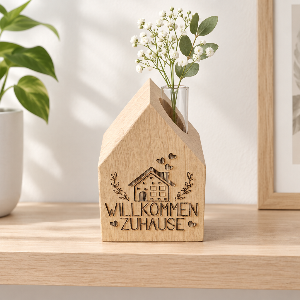 Mini-Holzhaus aus Eiche mit Glaseinsatz und Motiv Willkommen Zuhause auf einem Regal