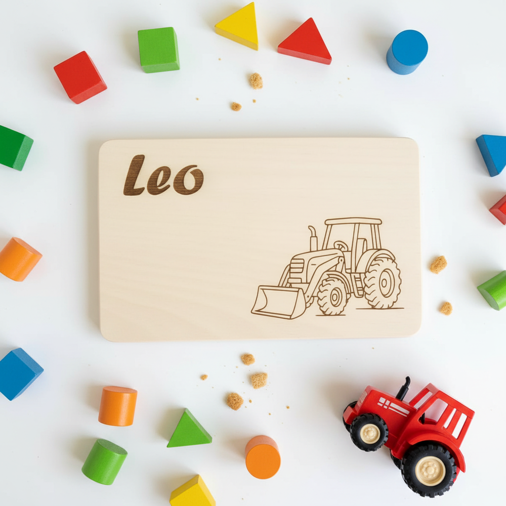 Kinder-Brotbrett Buche mit Lasergravur – Flat Lay mit Spielzeug