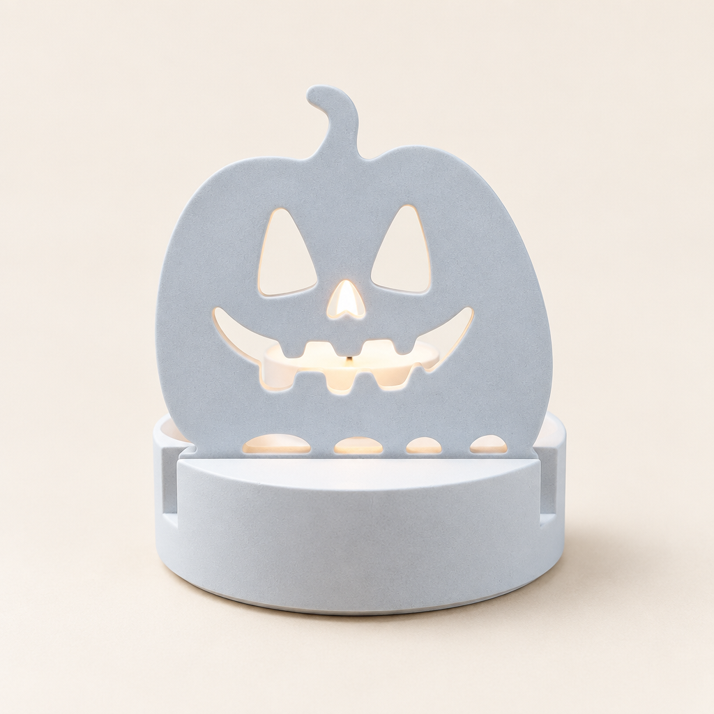 Halloween-Teelichthalter aus Keramikguss mit Kürbismotiv vor hellem Hintergrund