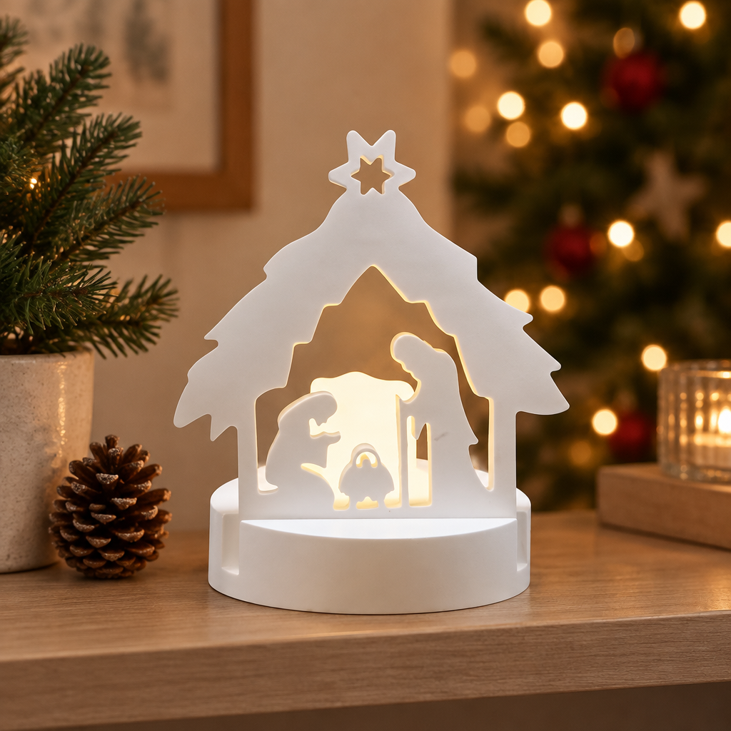 Beleuchteter Krippen-Teelichthalter aus Keramikguss auf einem Regal zur Weihnachtszeit