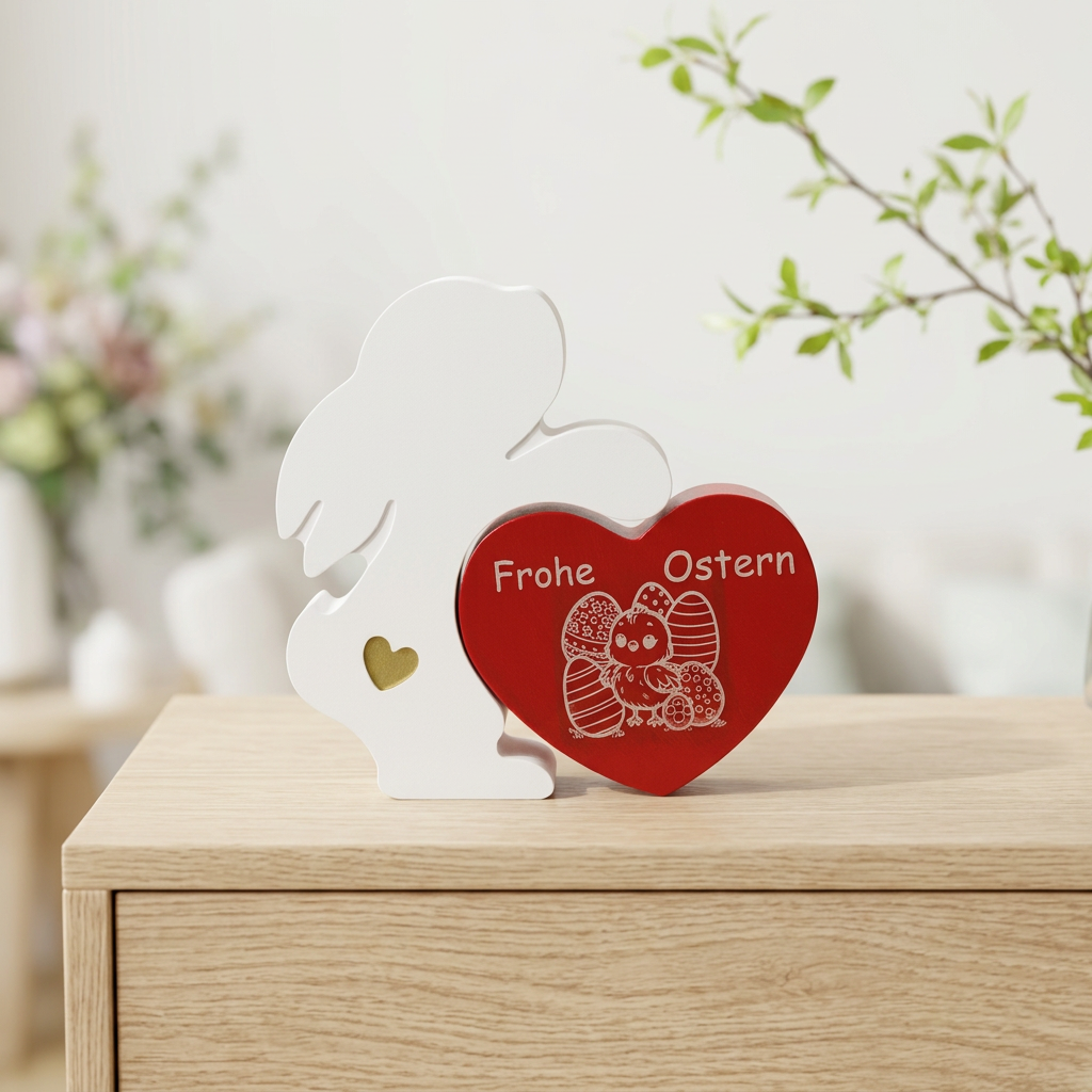 Weißer Raysin-Hase mit rotem Wunschtext-Herz und beispielhafter Ostergravur auf einem Sideboard