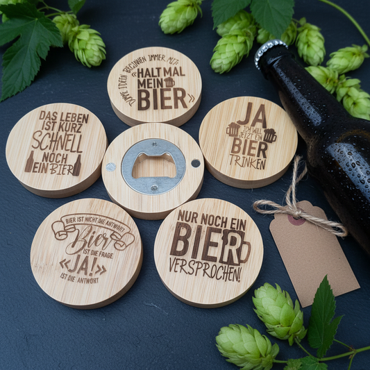 Alle 5 Bambus-Flaschenöffner Motive auf Slate mit Bierflasche und Hopfen
