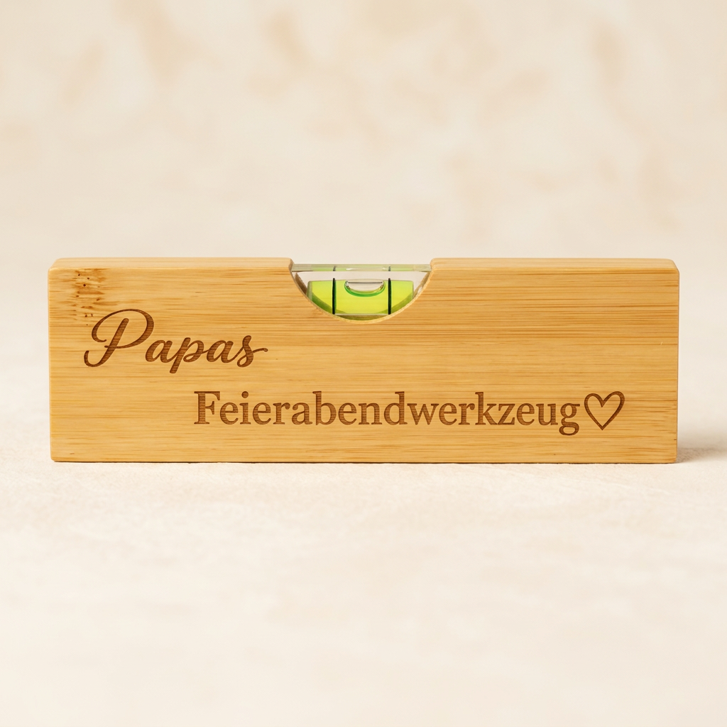 Wasserwaage mit Gravur Papas Feierabendwerkzeug als Beispielmodell vor hellem Hintergrund