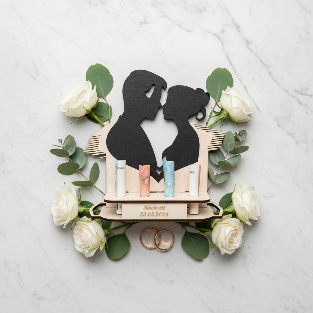 Geldgeschenk Hochzeit Holzskulptur – Flat Lay auf Marmor