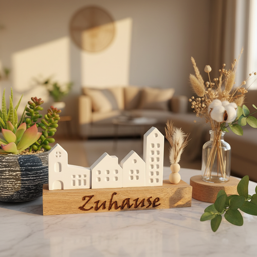 Weiße Keramikhäuser auf Holzsockel Zuhause – Lifestyle Marmor Hintergrund