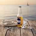 Maritimer Anker-Flaschenöffner auf Holzsteg mit Seil, Muscheln und Bierflasche