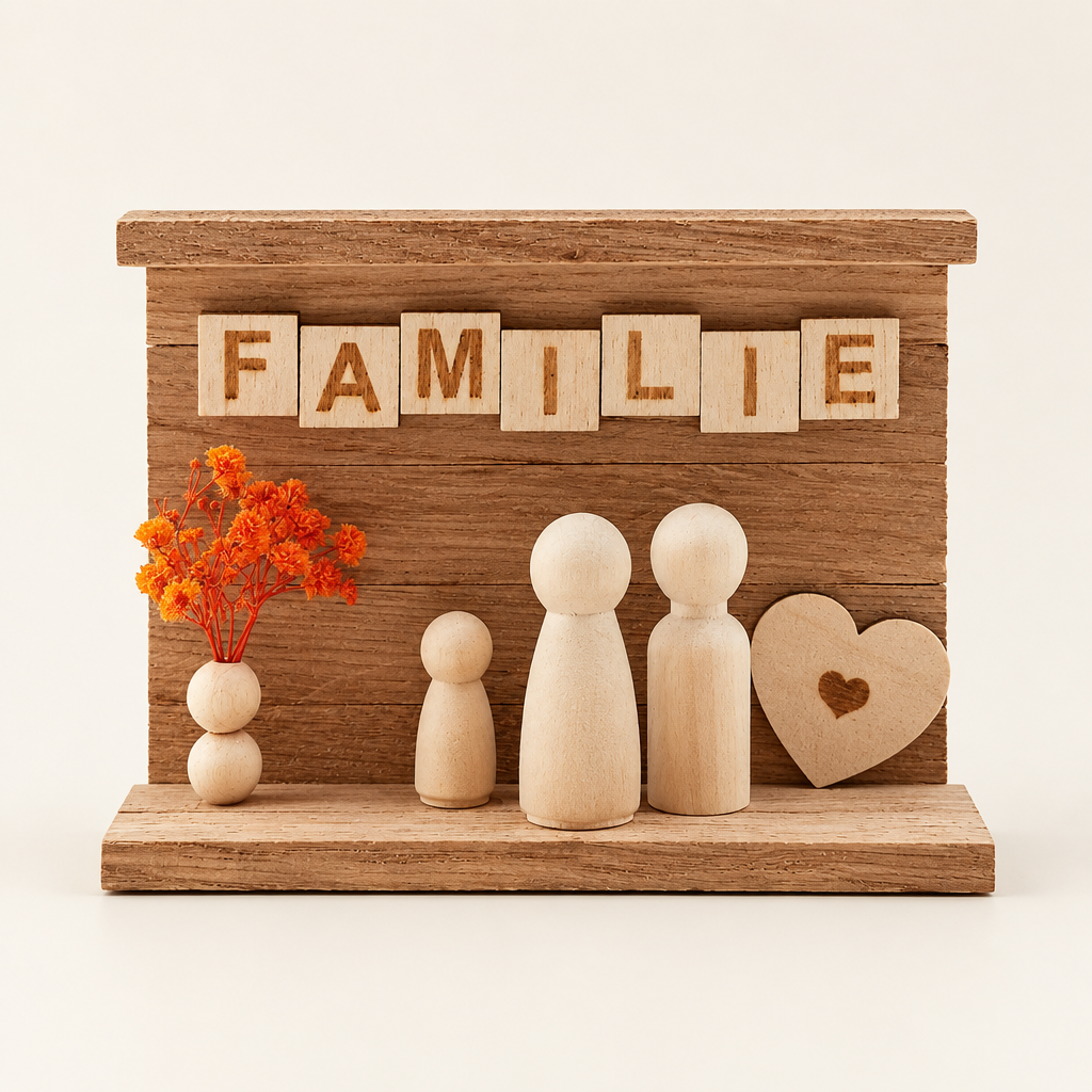 Holzdekoration zum Thema Familie vor hellem Hintergrund