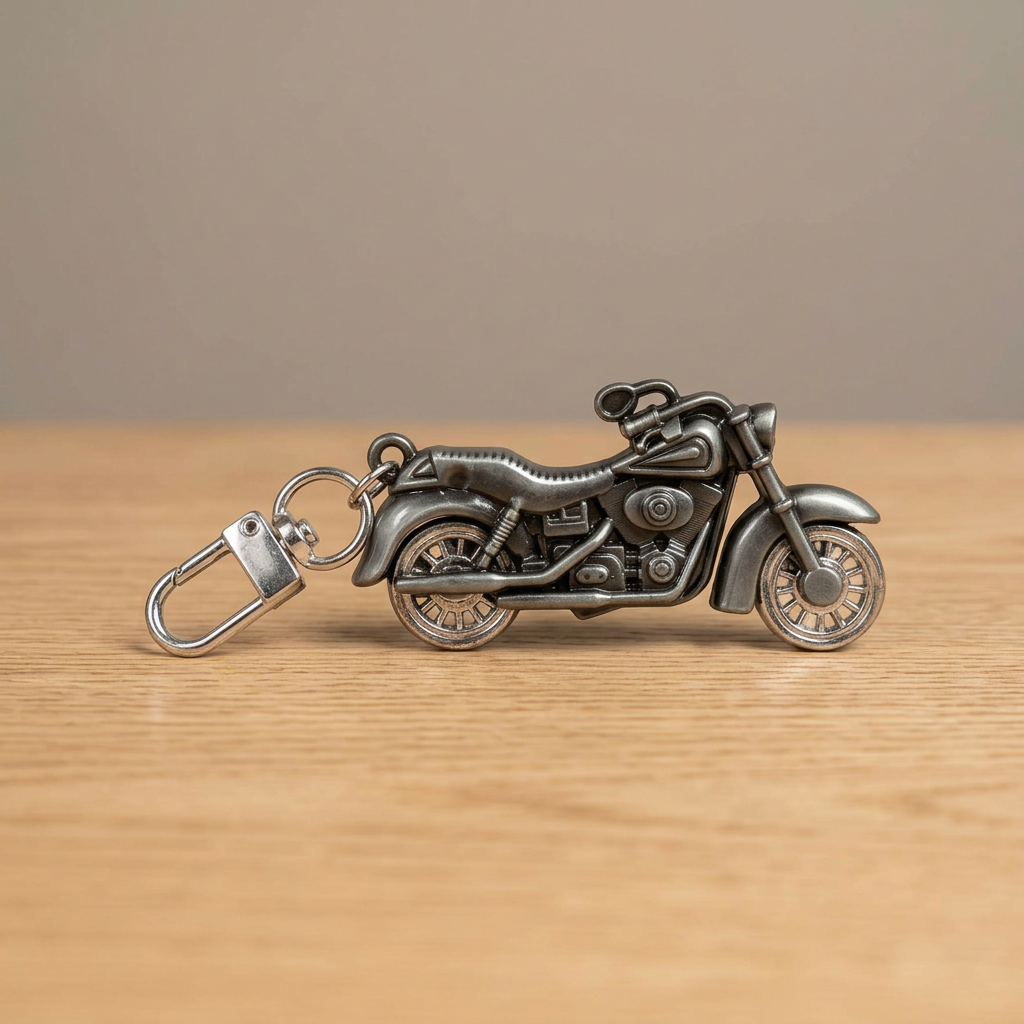Grauer Motorrad-Schlüsselanhänger aus Metall mit Karabinerverschluss auf einem Holztisch