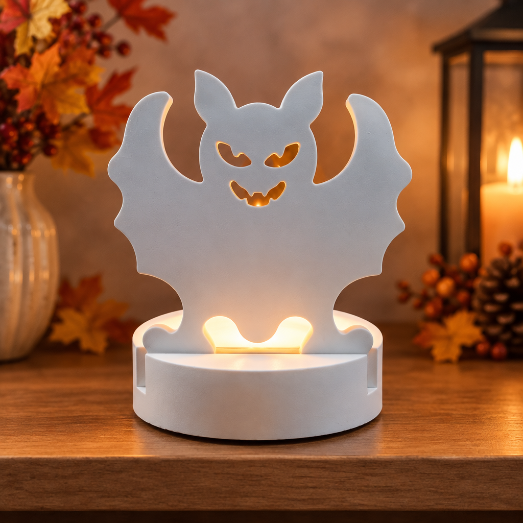Halloween-Teelichthalter aus Keramikguss mit Fledermausmotiv in herbstlicher Umgebung