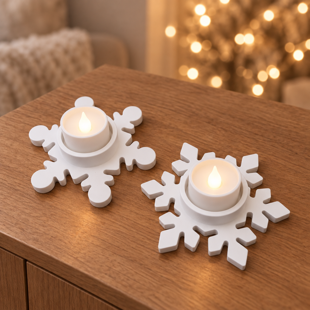 Zwei weiße Schneeflockenhalter aus Keramikguss mit LED-Teelichtern auf einem Holzsideboard