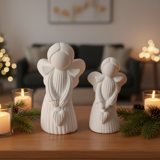 Zwei Keramikengel auf Holzregal mit Kerzenlicht und Tannenzweigen