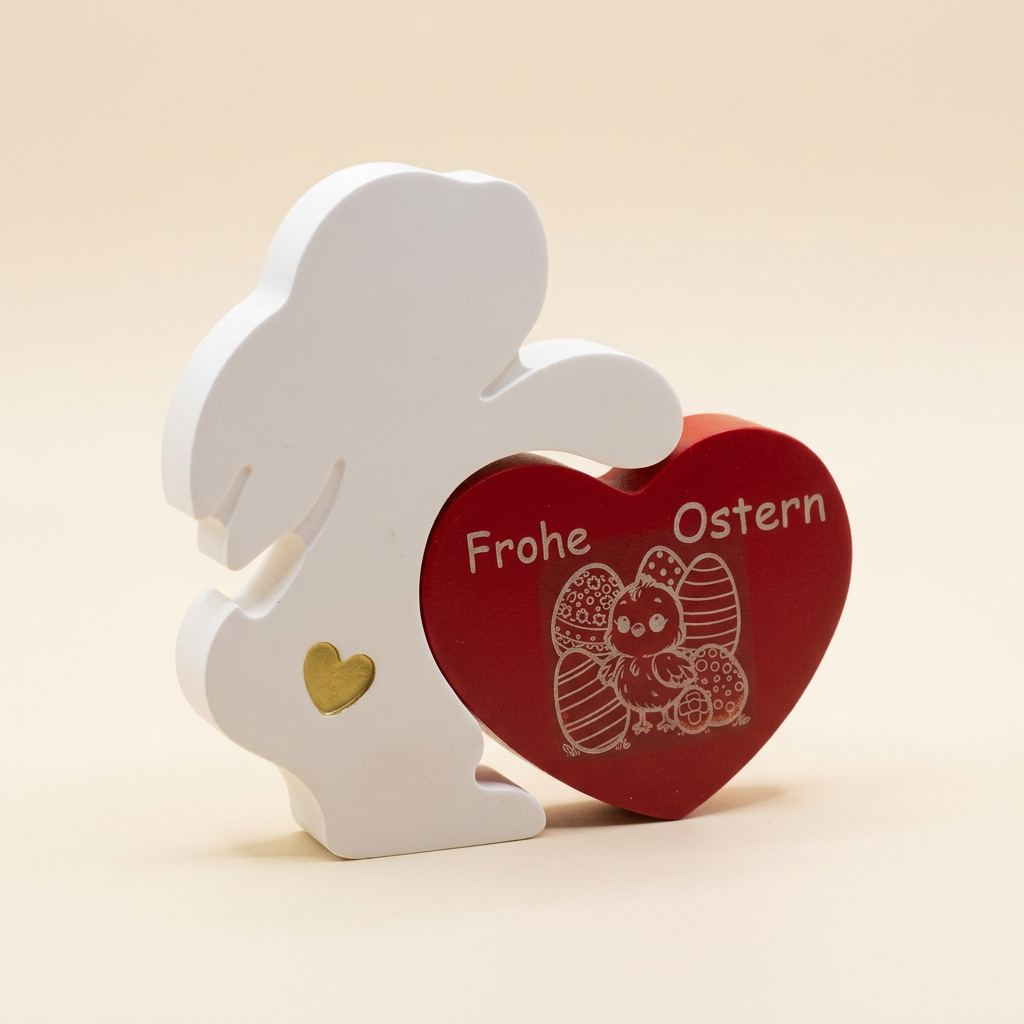 Weißer Raysin-Osterhase mit rotem Herz und beispielhafter Frohe-Ostern-Gravur