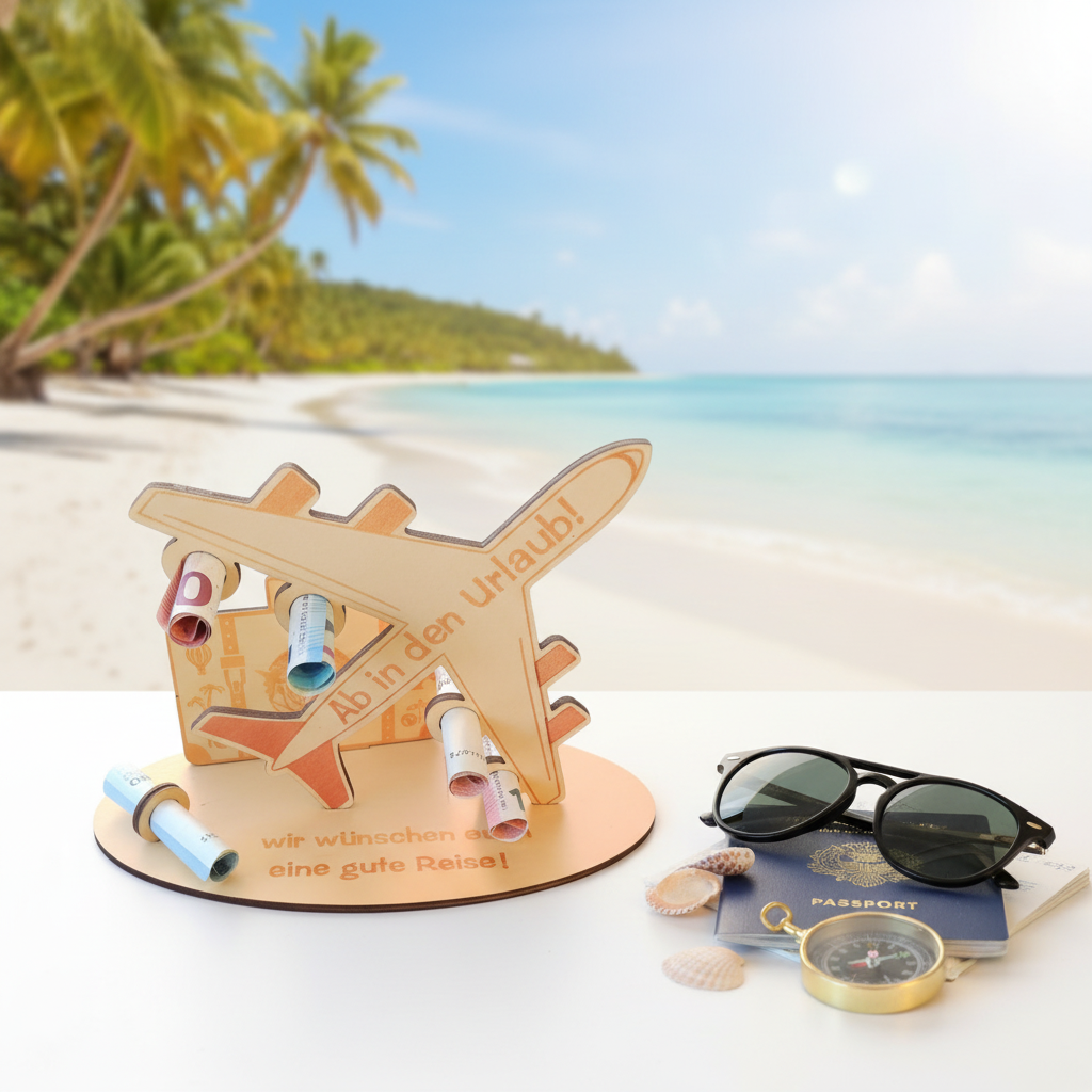 Holzflugzeug Geldgeschenk mit Urlaubsstimmung und Reise-Accessoires