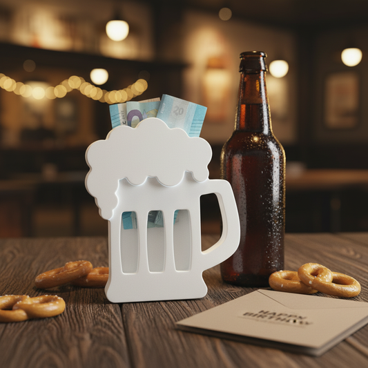 Bierkrug Geldgeschenk aus Raysin auf Holztisch mit Bierflasche und Brezeln