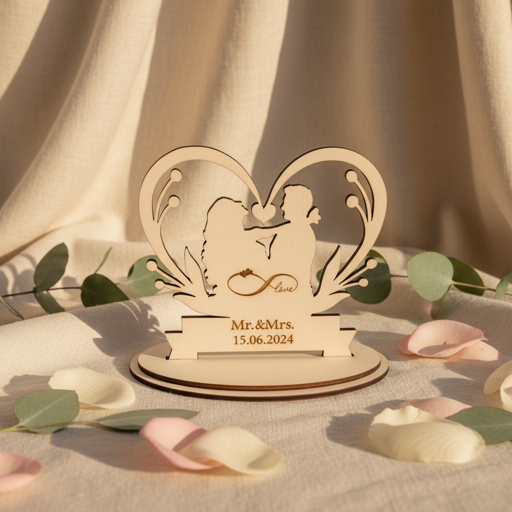 Personalisierter Holzaufsteller mit Herz und Brautpaar-Silhouette als Hochzeitsgeschenk mit Gravur