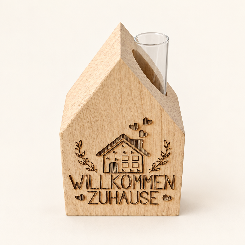 Mini-Holzhaus aus Eiche mit Glaseinsatz und Motiv Willkommen Zuhause vor hellem Hintergrund