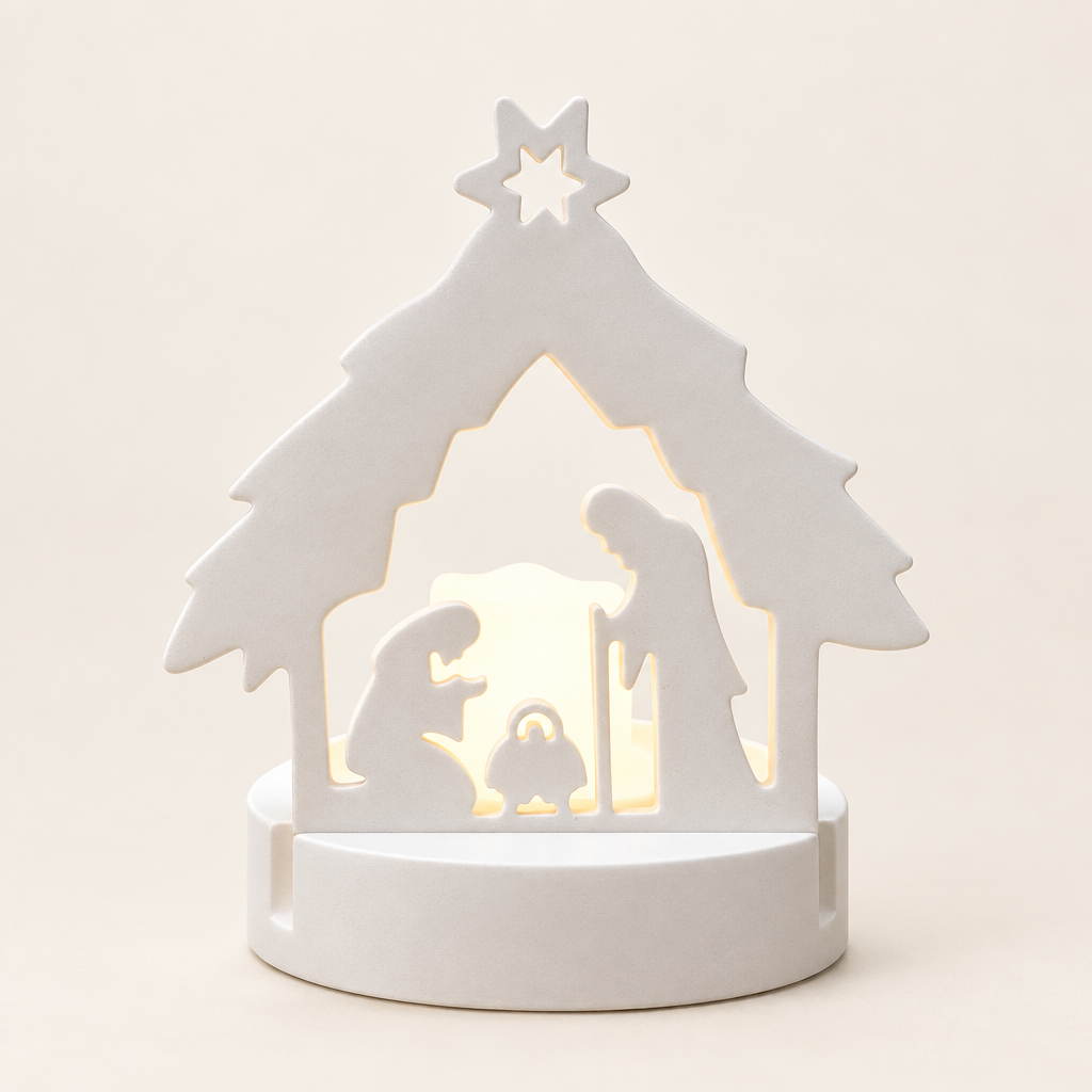 Weihnachtskrippe aus Keramikguss als LED-Teelichthalter vor hellem Hintergrund