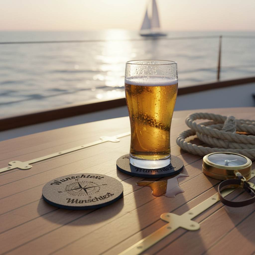 Maritimer Filz-Bierdeckel mit Kompassrose auf Teakdeck mit Bierglas und Kompass