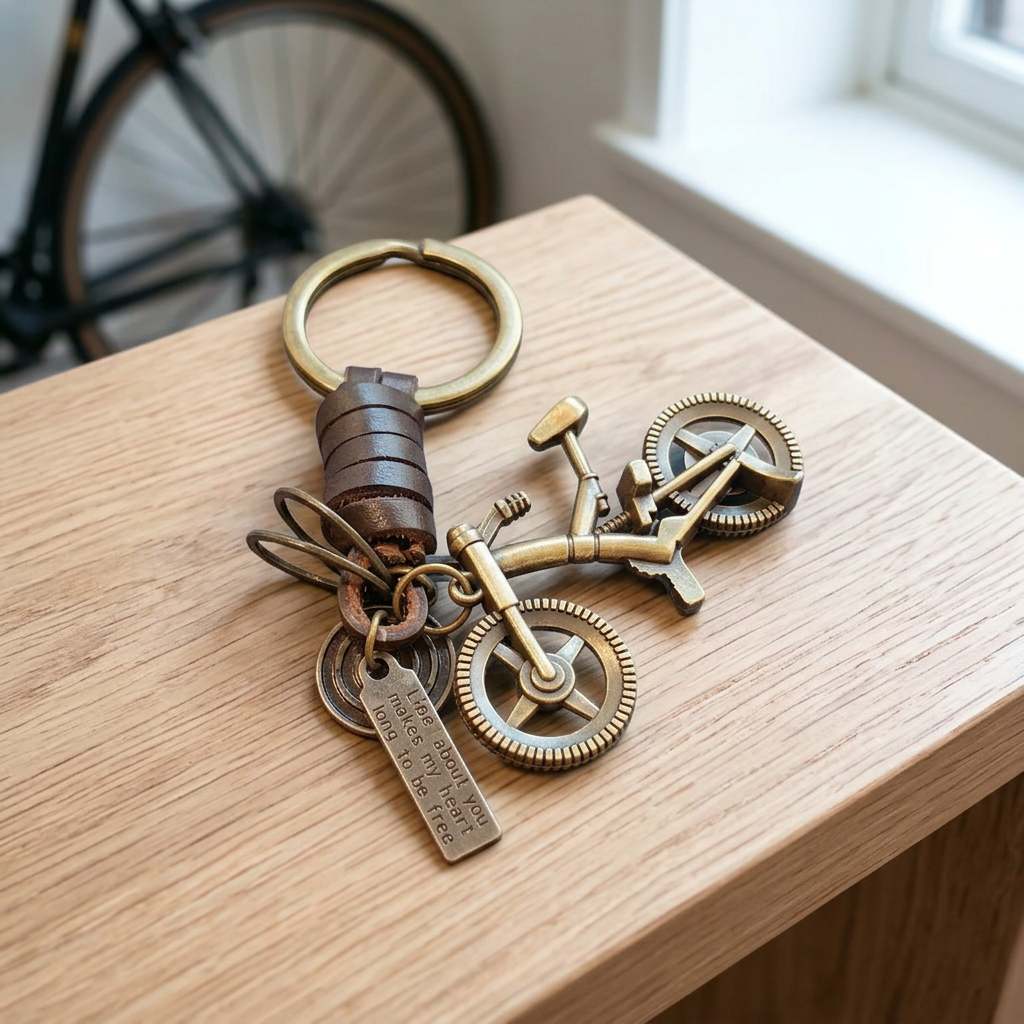 Fahrrad-Schlüsselanhänger aus Metall und Leder auf einer Holzkonsole mit Fahrrad im Hintergrund