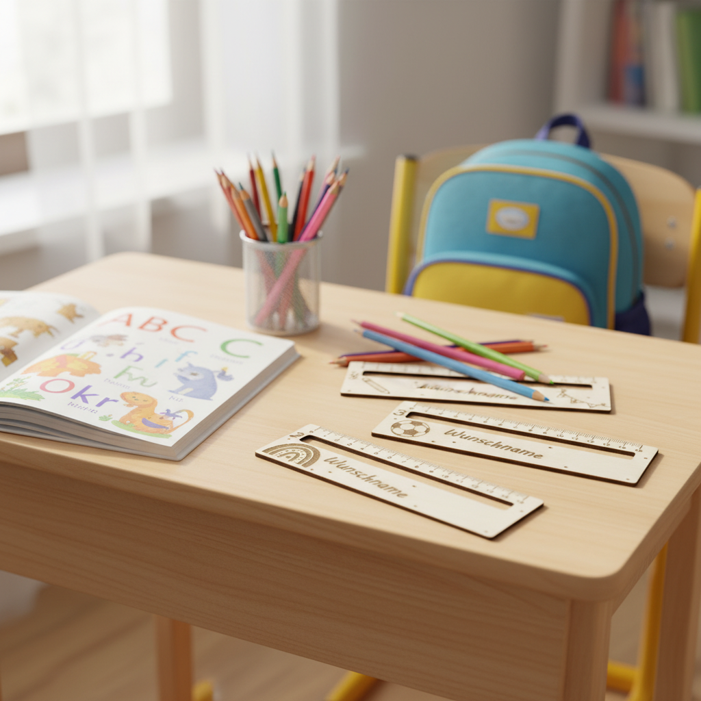 Personalisierte Holz-Lesehilfen auf Kinderschreibtisch mit Buntstiften und ABC-Buch