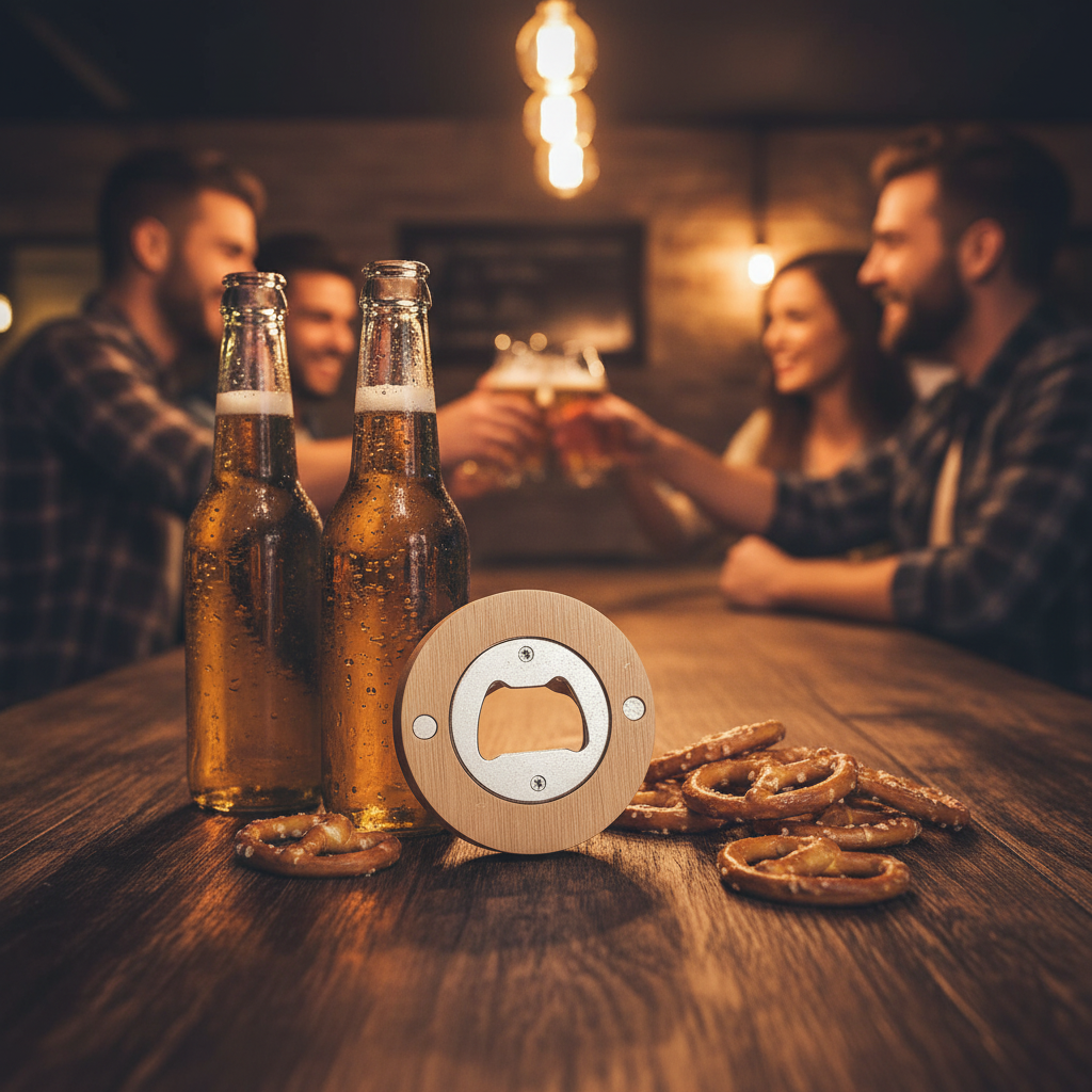 Runder Bambus-Flaschenöffner mit Bierspruch auf Bartresen mit Bierflaschen