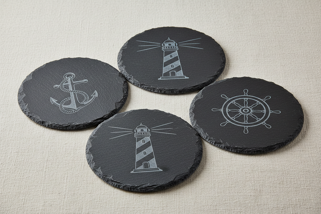 Schieferuntersetzter mit maritimer Wunschgravur – Anker, Leuchtturm, Steuerrad – personalisiertes Geschenk aus Echtschiefer