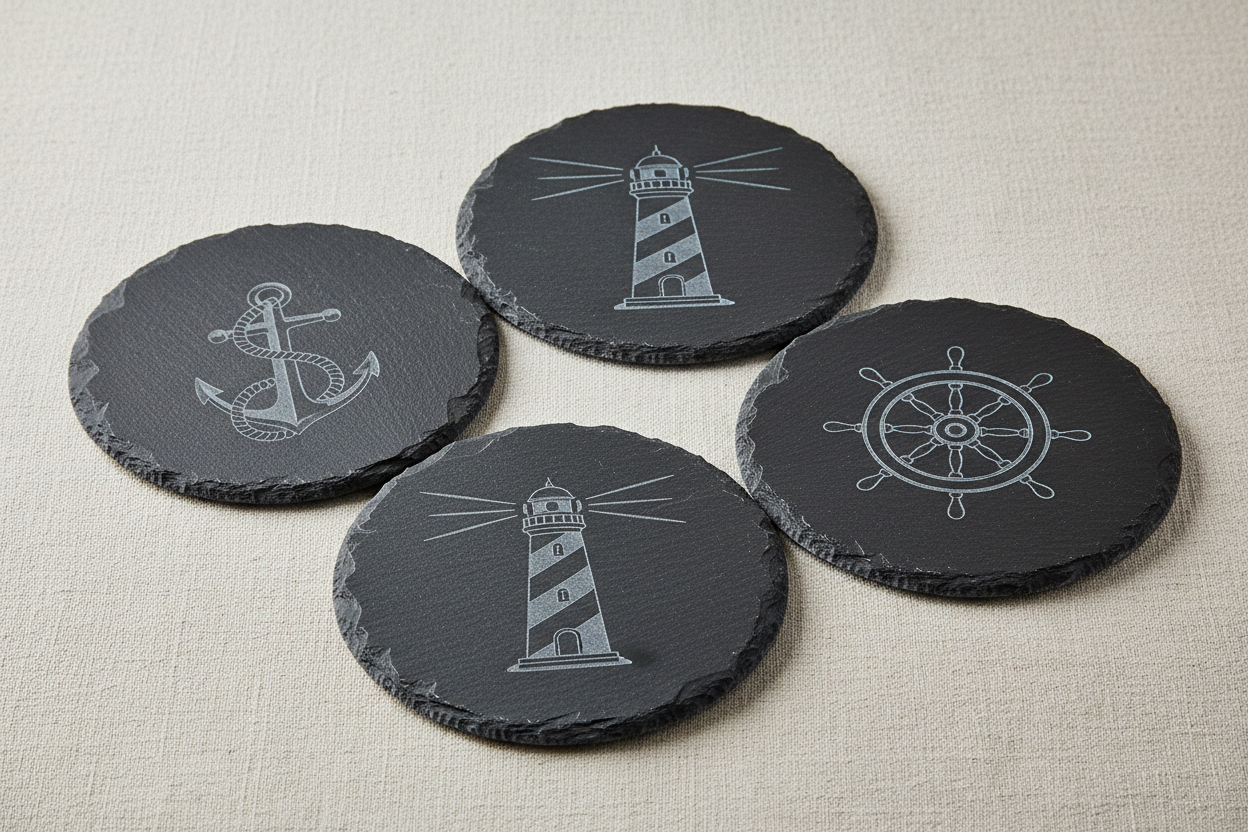 Schieferuntersetzter mit maritimer Wunschgravur – Anker, Leuchtturm, Steuerrad – personalisiertes Geschenk aus Echtschiefer