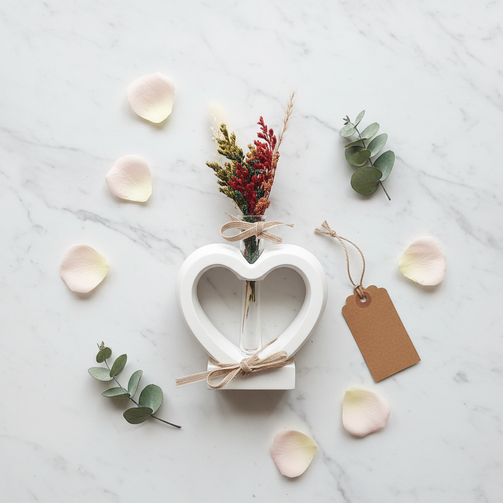 Herzvase aus Raysin mit Trockenblumenstrauß – Flat Lay auf Marmor