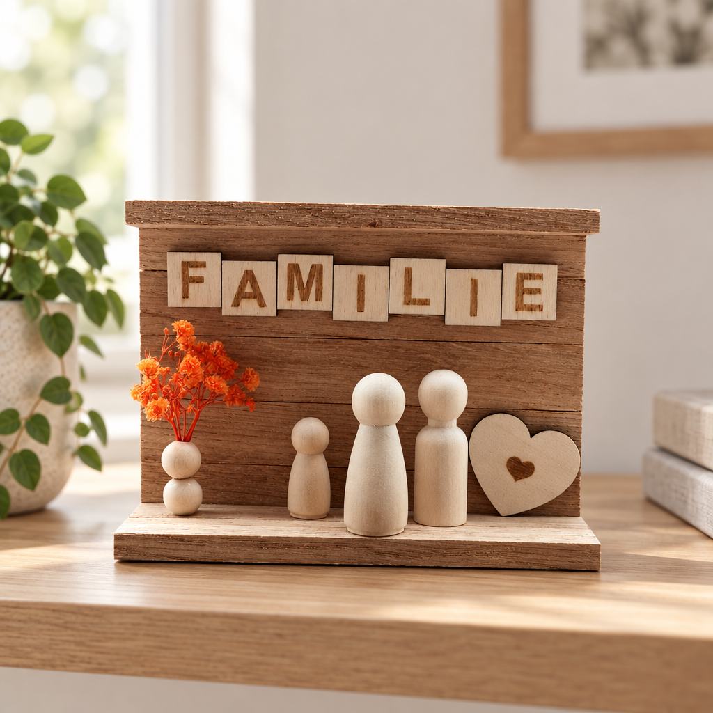 Familien-Dekoration aus Holz auf einem Regal im Wohnraum