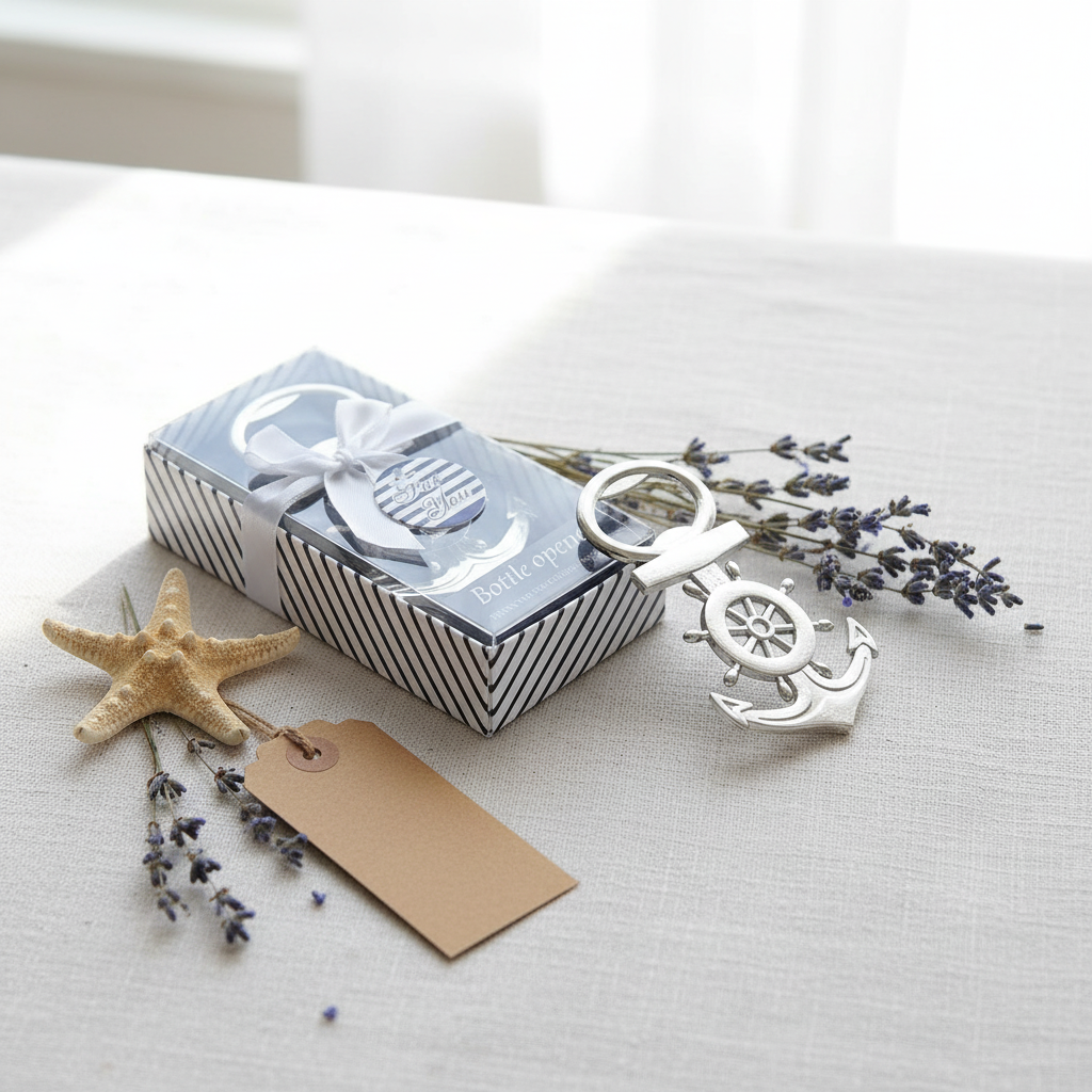Maritimer Anker-Flaschenöffner in Geschenkbox mit Seestern und Meereslavendel