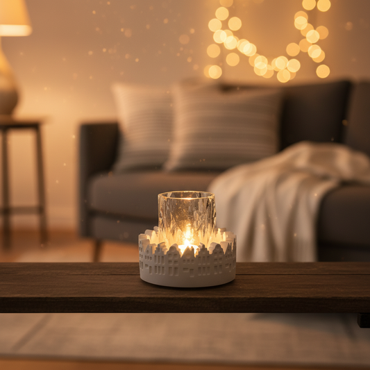 Häuserkranz aus Keramikguss mit LED Licht – gemütliches Wohnzimmer-Lifestyle-Foto im Hygge-Stil