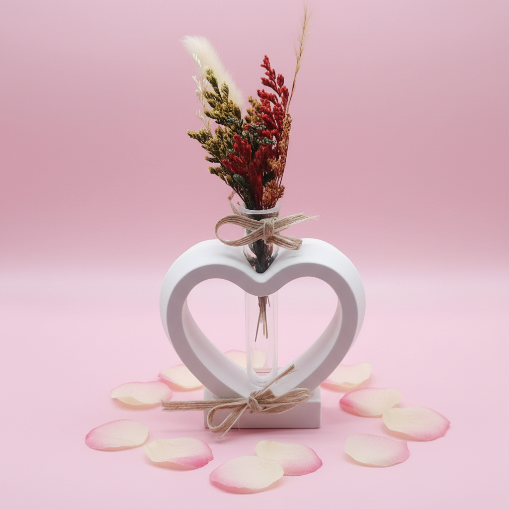 Herzvase aus Raysin mit Trockenblumenstrauß – pastellrosa Hintergrund