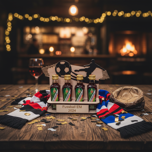 Fussballtablett aus Holz mit Schnapsfächern – Lifestyle-Foto Feier-Atmosphäre mit Schal und Konfetti